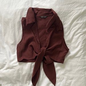 Trendy Brown Tie front Crop Top